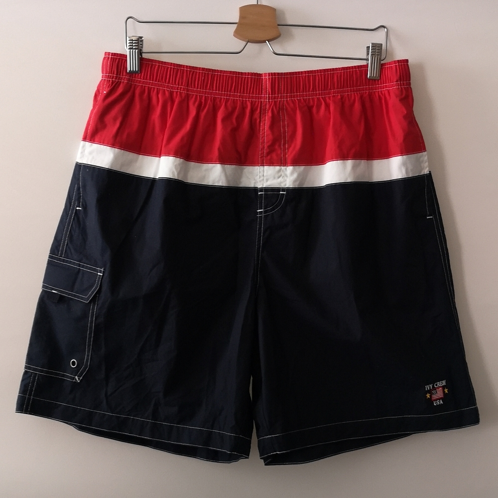 Men's XL Ivy Crew Swim Shorts, Red White & Navy Blue, Embroidered Logo, Pockets